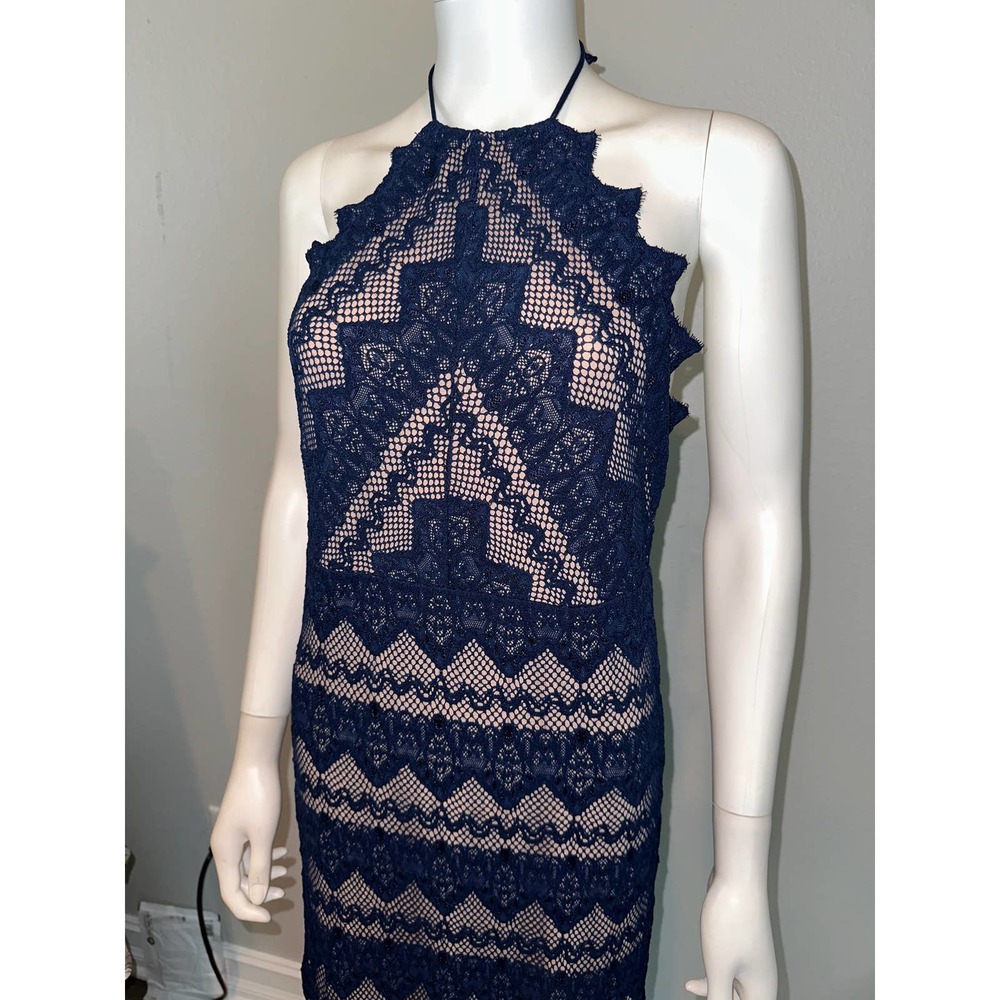 NWT $498 NIGHTCAP Anthropologie "Monaco" navy tan lace maxi dress gown L - Picture 4 of 8